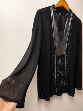 Ninety Embellished Black V-Neck Women's Top 1X